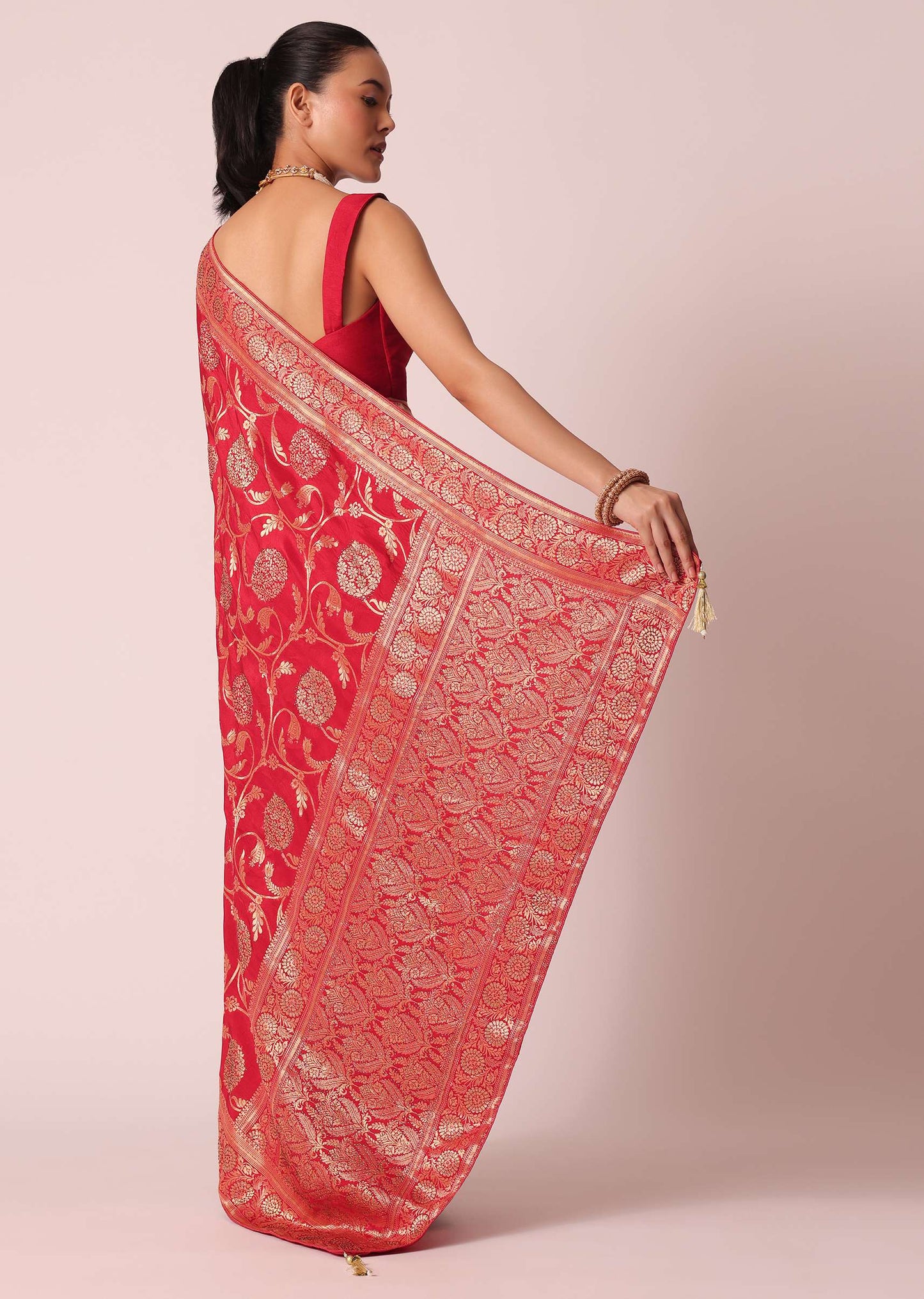 Red Saree in Dola Silk With Floral Weave And Unstitched Blouse Piece