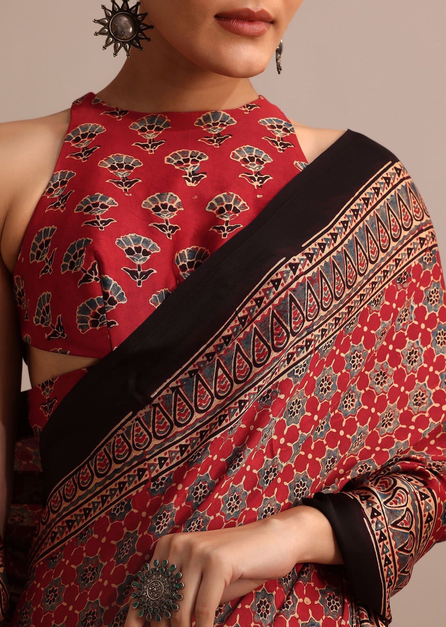 Red Satin Ajrakh Handblock Printed Ready To Wear Saree