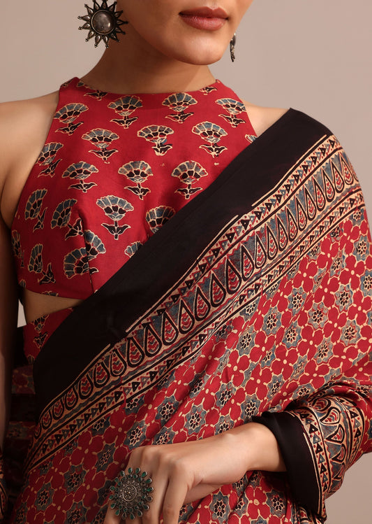 Red Satin Ajrakh Handblock Printed Ready To Wear Saree
