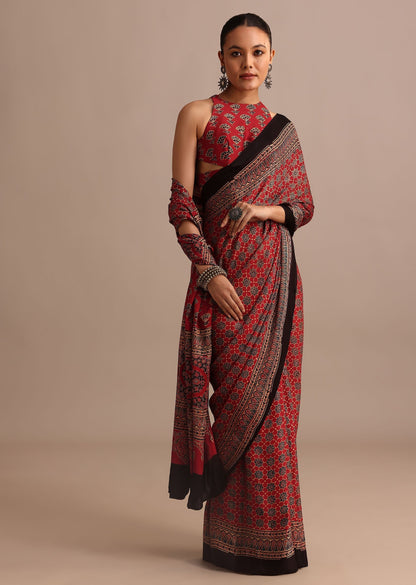 Red Satin Ajrakh Handblock Printed Ready To Wear Saree
