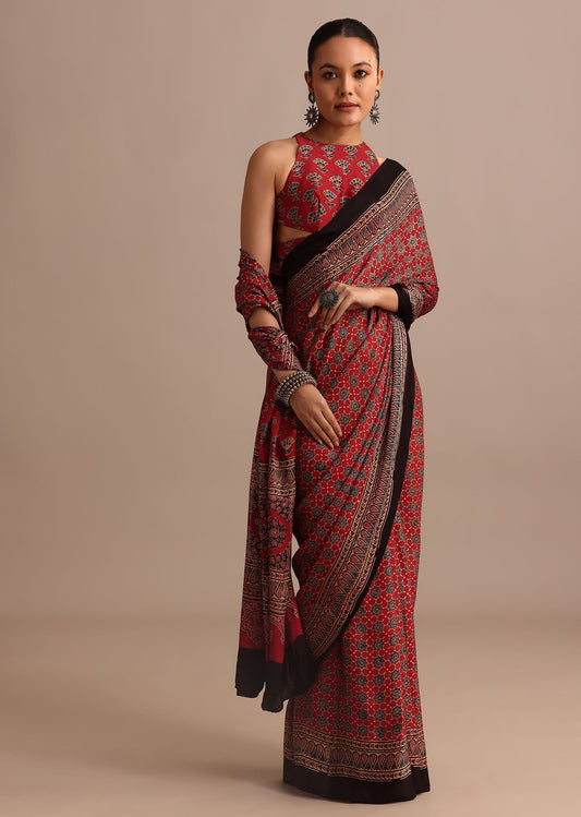 Red Satin Ajrakh Handblock Printed Ready To Wear Saree