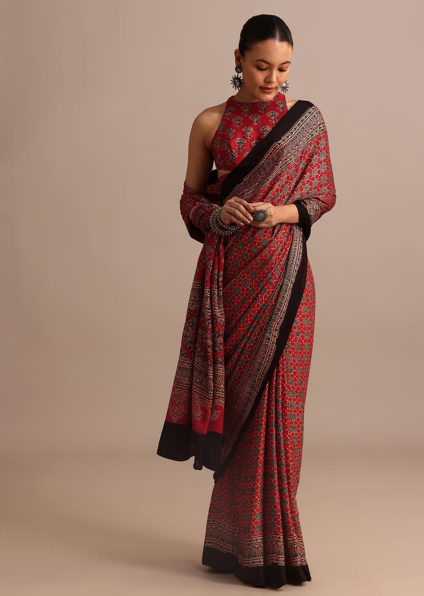 Red Satin Ajrakh Handblock Printed Ready To Wear Saree