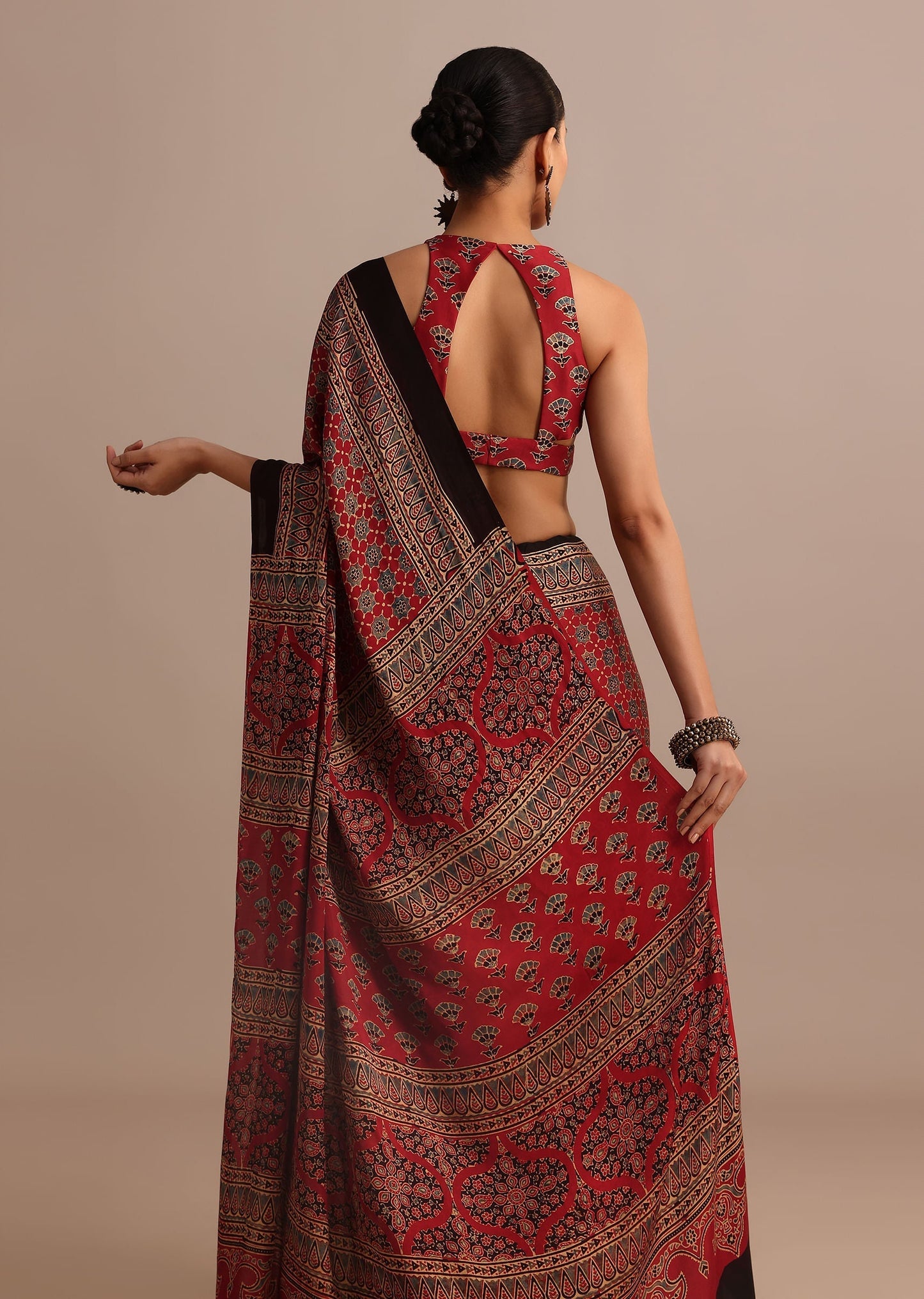 Red Satin Ajrakh Handblock Printed Ready To Wear Saree