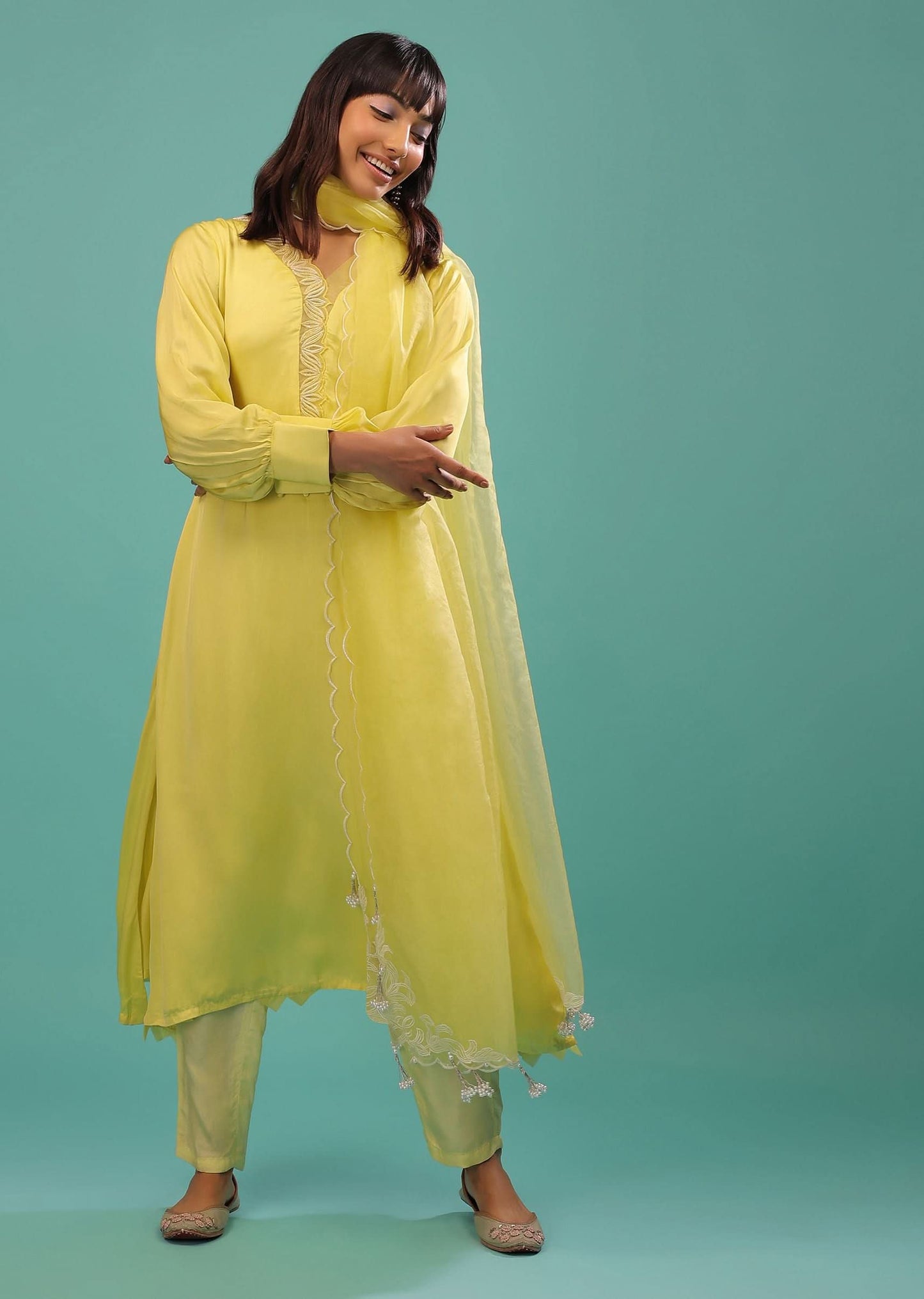 Lime Yellow Bemberg Silk A Line Suit In Organza
