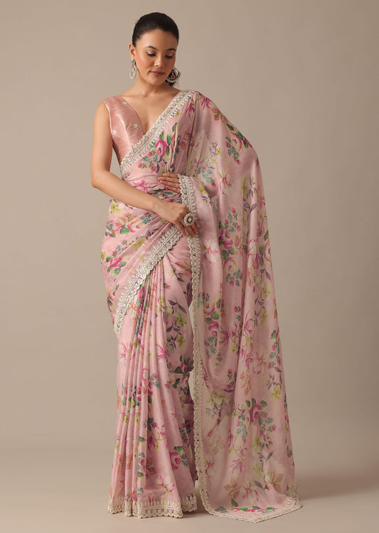 Pink Chiffon Ready To Wear Saree With Floral Prints And Stitched Blouse Piece