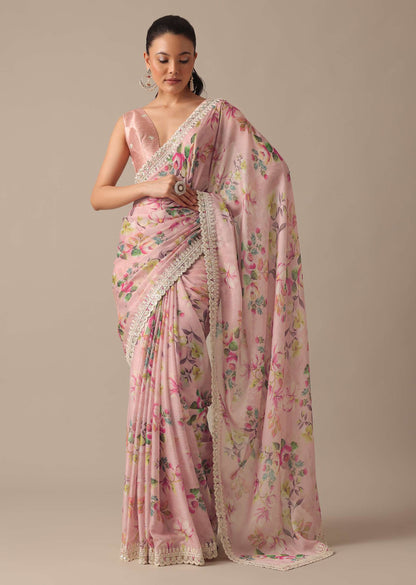 Pink Chiffon Saree With Floral Prints And Unstitched Blouse Piece