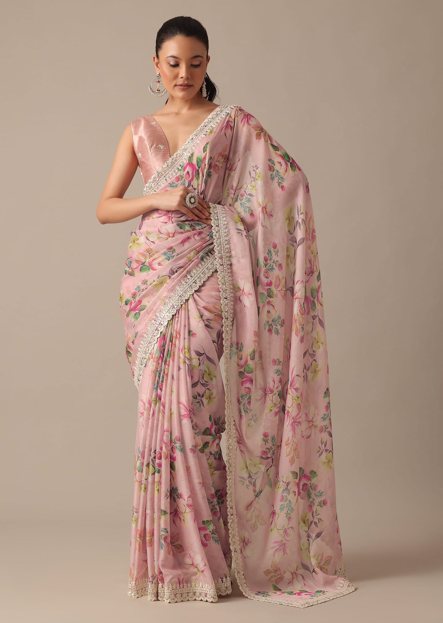 Pink Chiffon Ready To Wear Saree With Floral Prints And Stitched Blouse Piece
