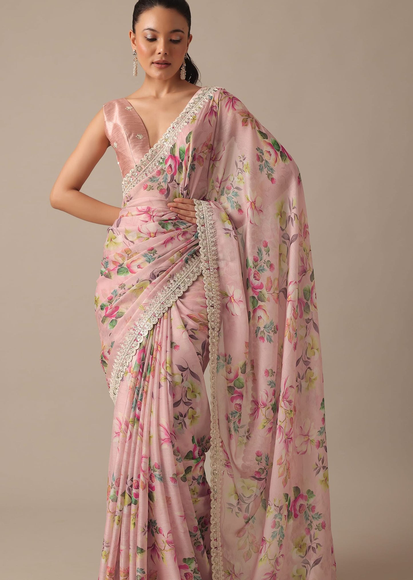 Pink Chiffon Ready To Wear Saree With Floral Prints And Stitched Blouse Piece
