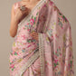 Pink Chiffon Saree With Floral Prints And Unstitched Blouse Piece