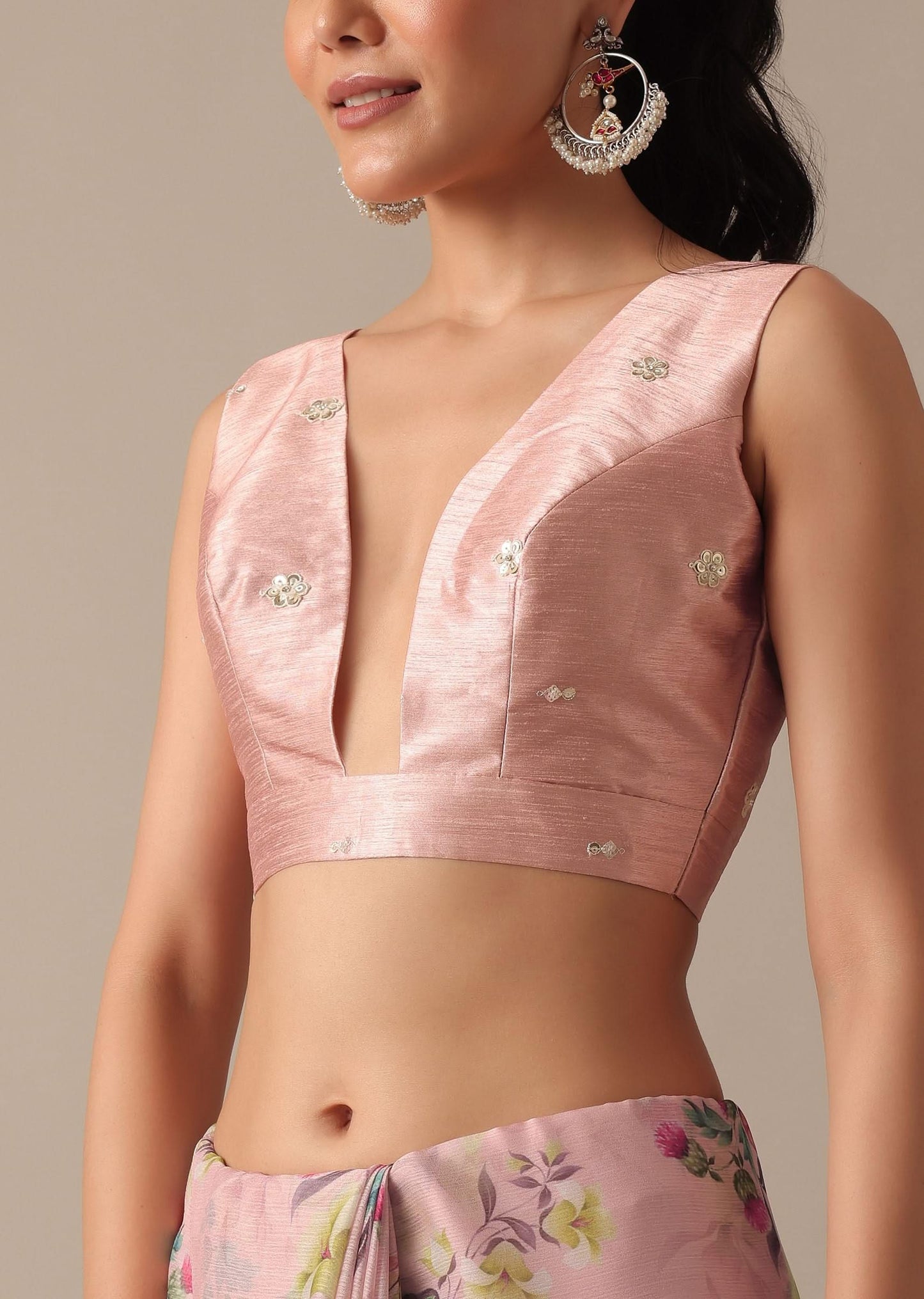 Pink Chiffon Ready To Wear Saree With Floral Prints And Stitched Blouse Piece