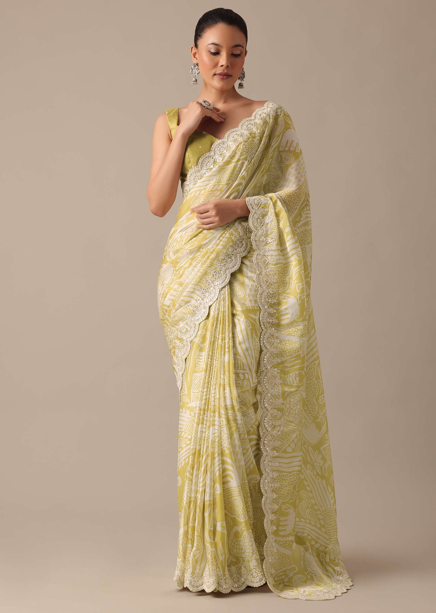 Yellow Printed Satin Ready To Wear Saree With Embroidered Detail And Stitched Blouse Piece