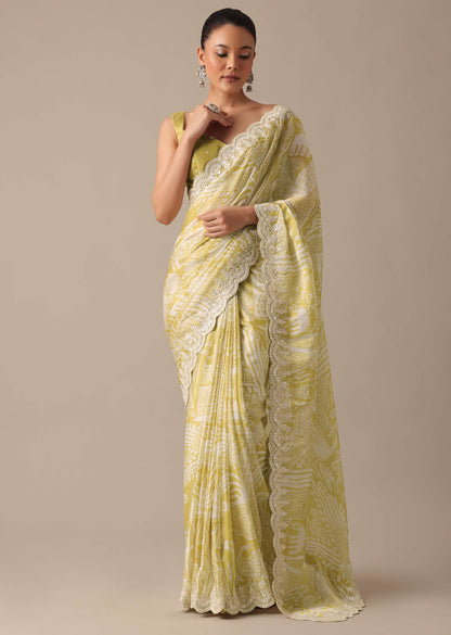 Yellow Printed Satin Ready To Wear Saree With Embroidered Detail And Stitched Blouse Piece