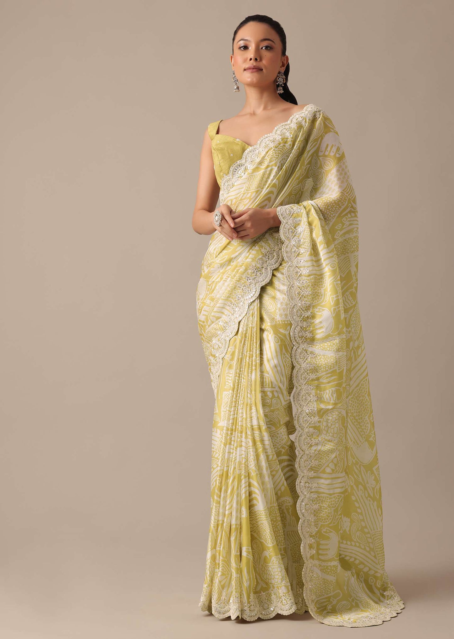 Yellow Printed Satin Ready To Wear Saree With Embroidered Detail And Stitched Blouse Piece