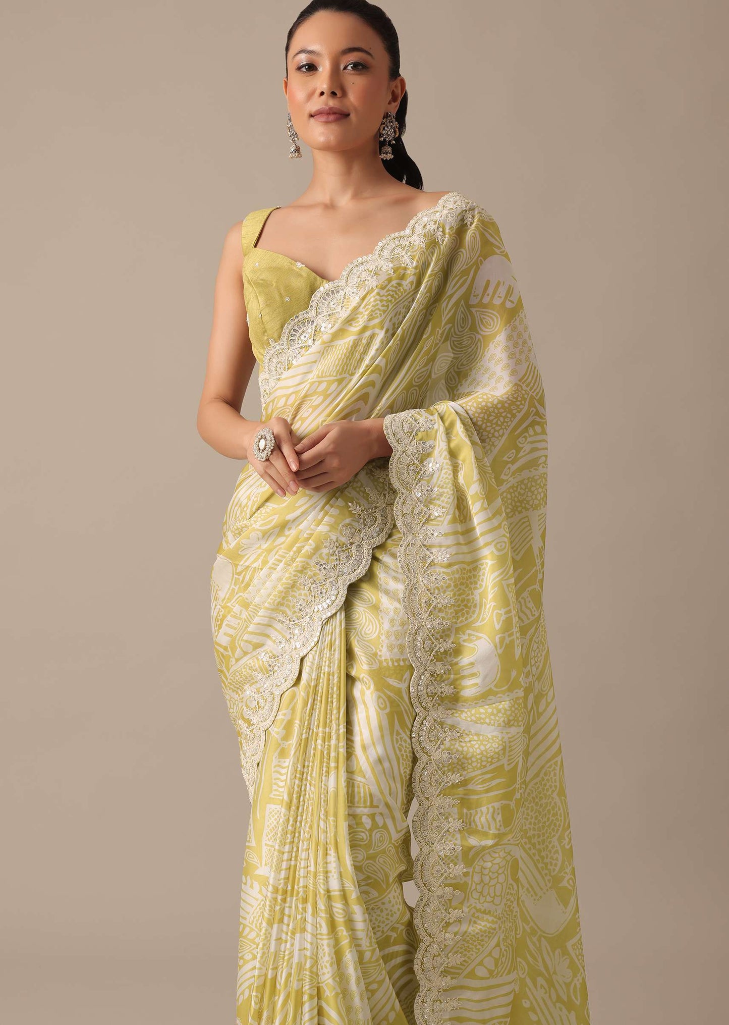 Yellow Printed Satin Ready To Wear Saree With Embroidered Detail And Stitched Blouse Piece