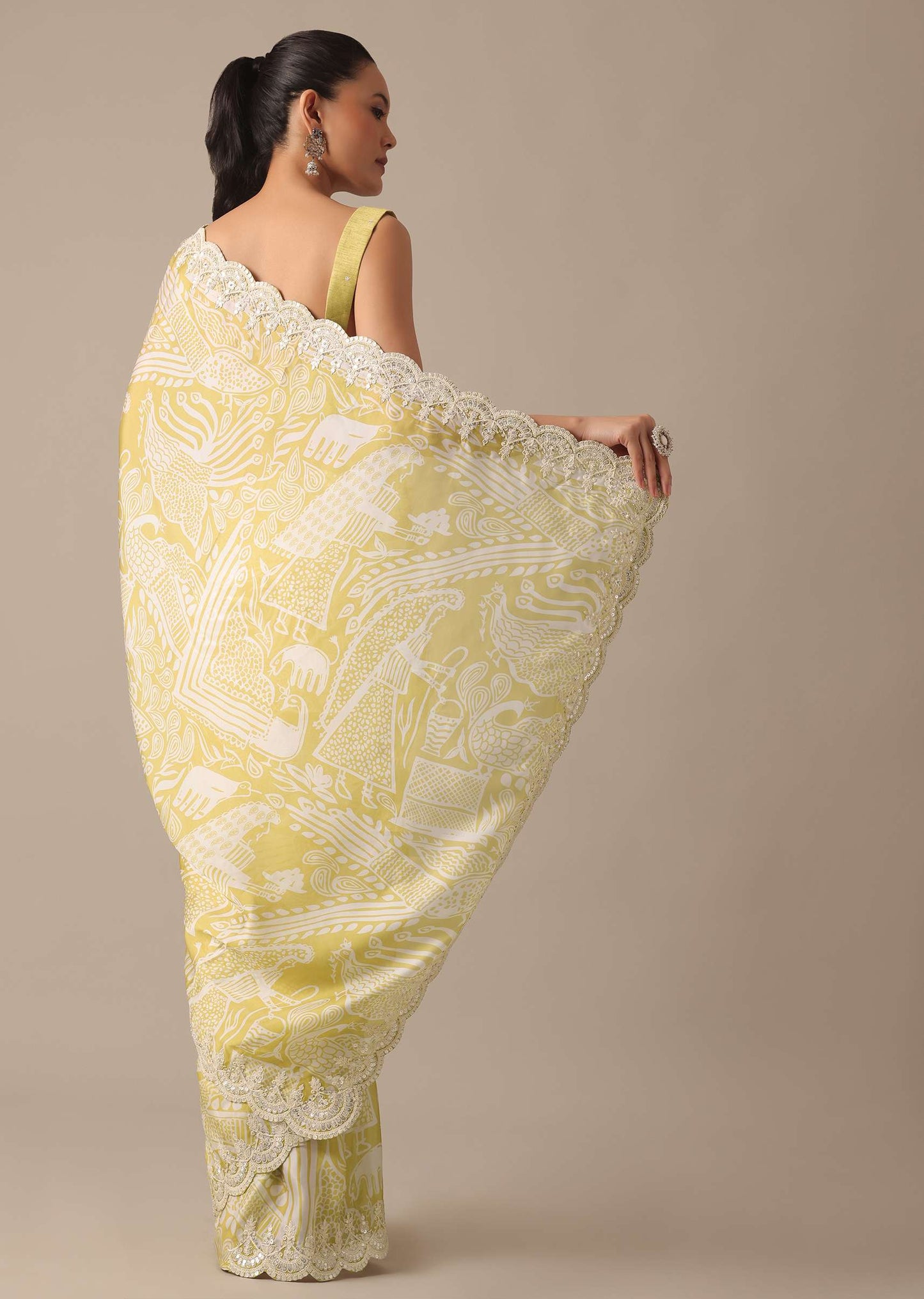 Yellow Printed Satin Ready To Wear Saree With Embroidered Detail And Stitched Blouse Piece