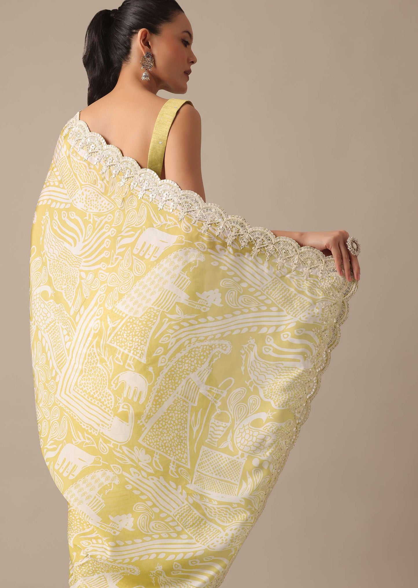 Yellow Printed Satin Ready To Wear Saree With Embroidered Detail And Stitched Blouse Piece