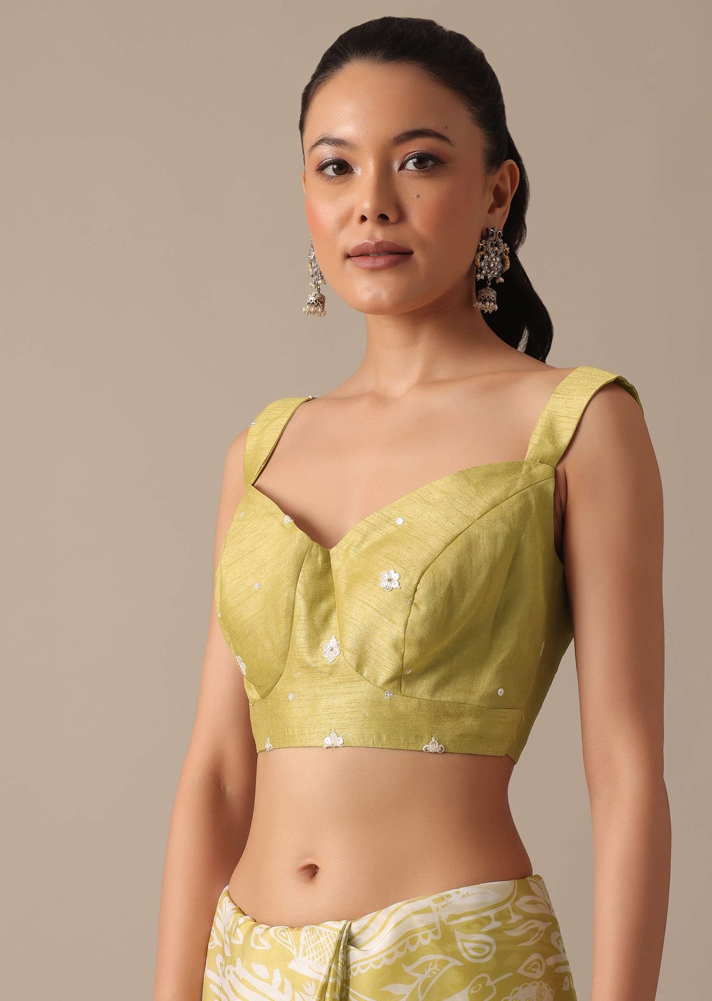 Yellow Printed Satin Ready To Wear Saree With Embroidered Detail And Stitched Blouse Piece