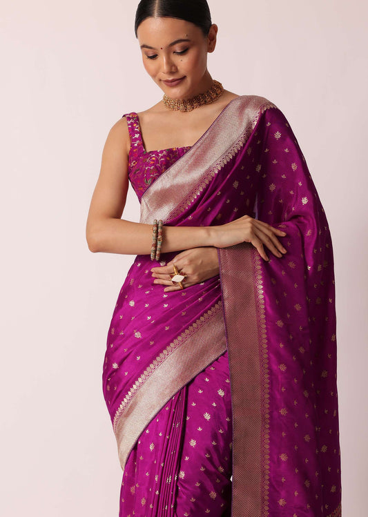 Purple Banarasi Silk Handloom Saree With Woven Motifs And Unstitched Blouse Piece