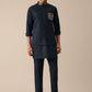 Navy Blue Embroidered Jacket Kurta Set In Linen
