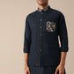 Navy Blue Embroidered Jacket Kurta Set In Linen