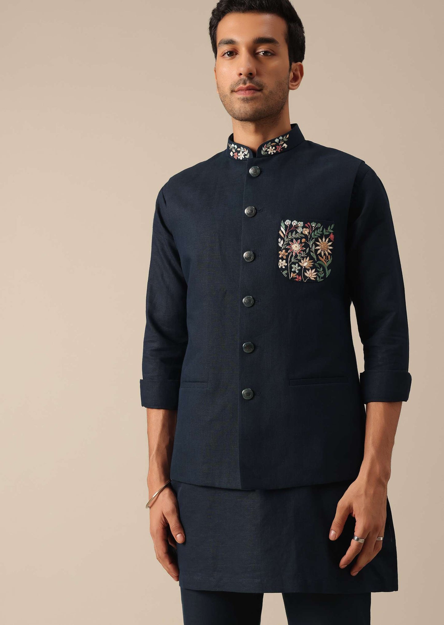 Navy Blue Embroidered Jacket Kurta Set In Linen