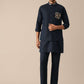 Navy Blue Embroidered Jacket Kurta Set In Linen
