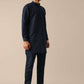 Navy Blue Embroidered Jacket Kurta Set In Linen