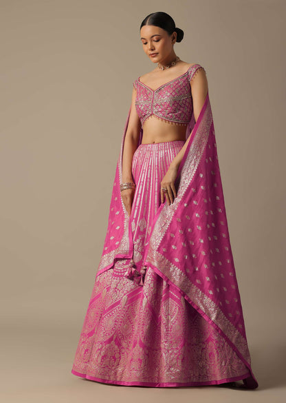 Pink Banarasi Silk Lehenga Set With Gota Patti