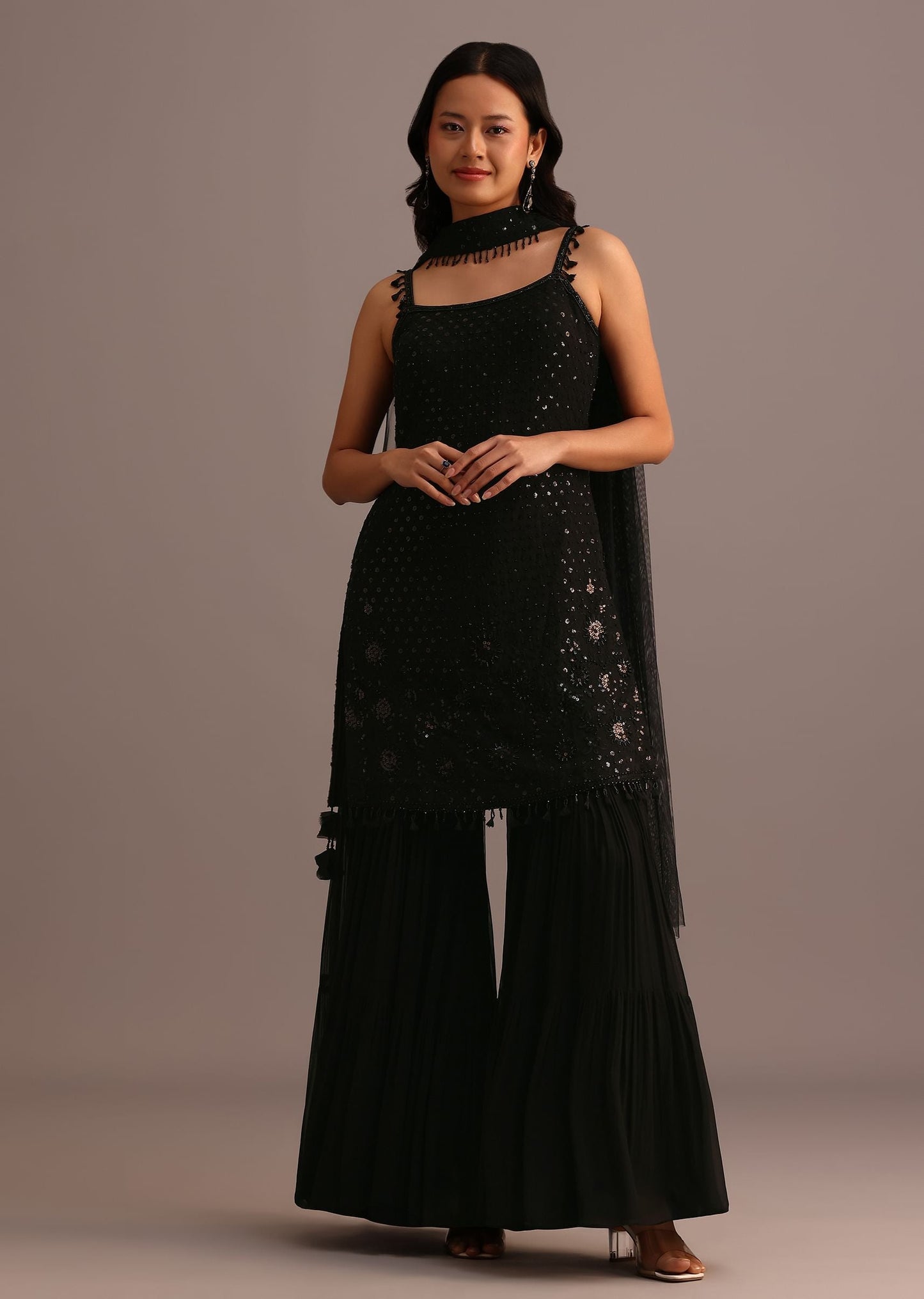 Black Embellished Sharara Suit With Net Dupatta Kalki