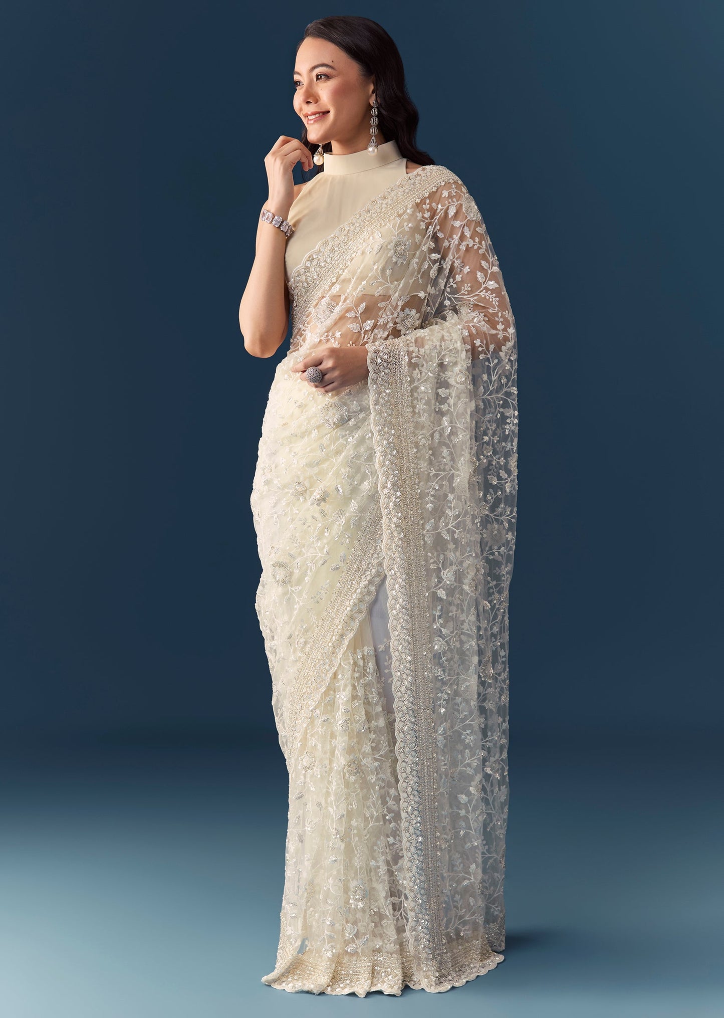 Cream Net Jaal Embellished Saree with Unstitched Blouse