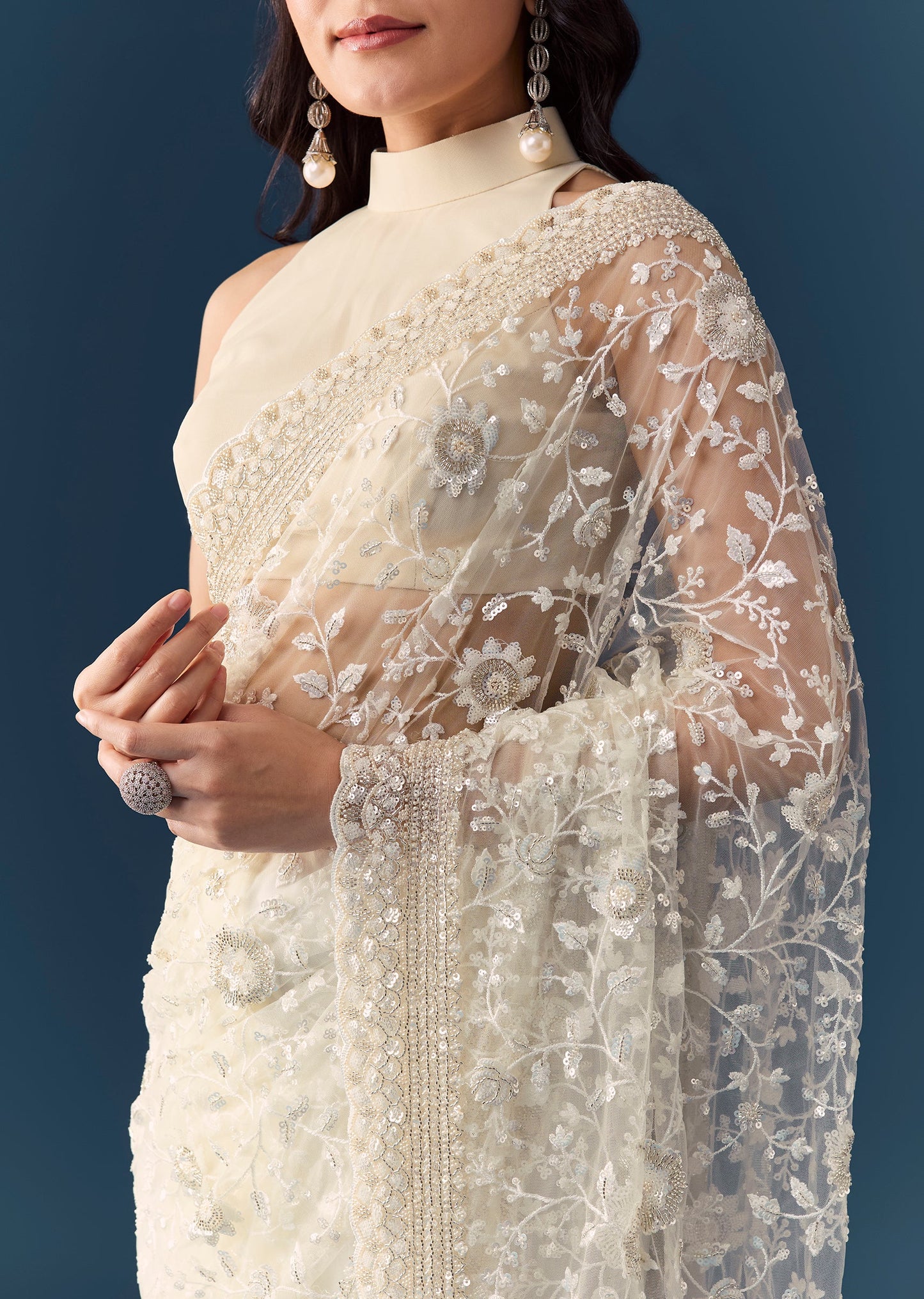 Cream Net Jaal Embellished Saree with Unstitched Blouse
