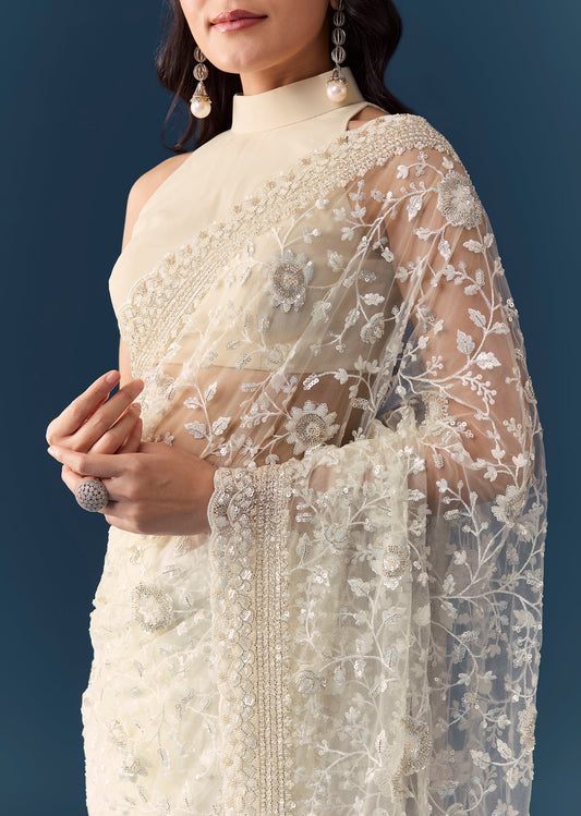 Cream Net Jaal Embellished Saree with Unstitched Blouse