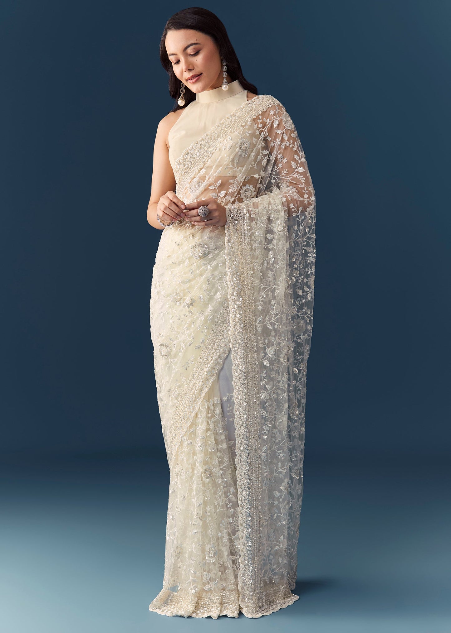 Cream Net Jaal Embellished Saree with Unstitched Blouse