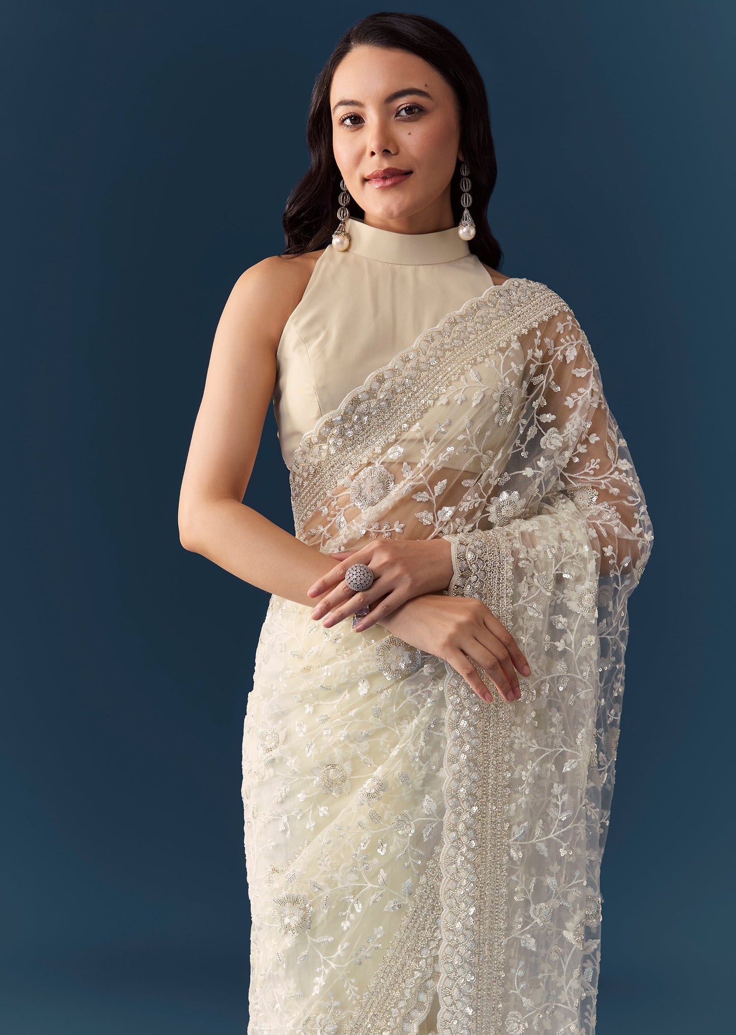 Cream Net Jaal Embellished Saree with Unstitched Blouse