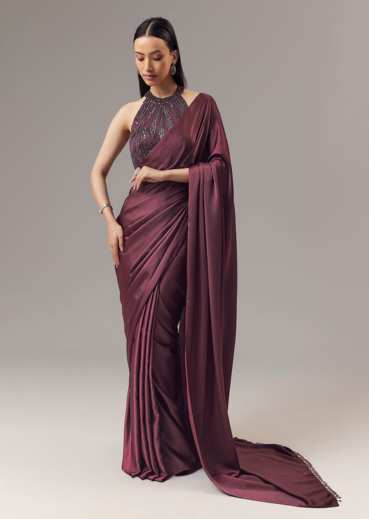 Wine Satin Blend Saree With Cut Dana And Sequin Embellished Halter Neckline Blouse