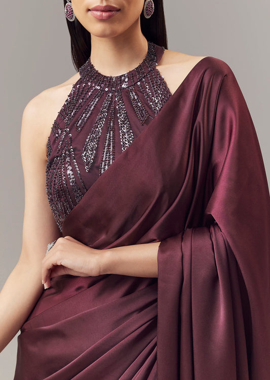 Wine Satin Blend Saree With Cut Dana And Sequin Embellished Halter Neckline Blouse
