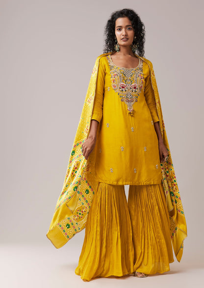 Yellow Chinon Silk Embellished Kurta Sharara Set