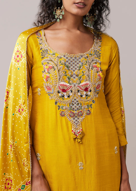 Yellow Chinon Silk Embellished Kurta Sharara Set