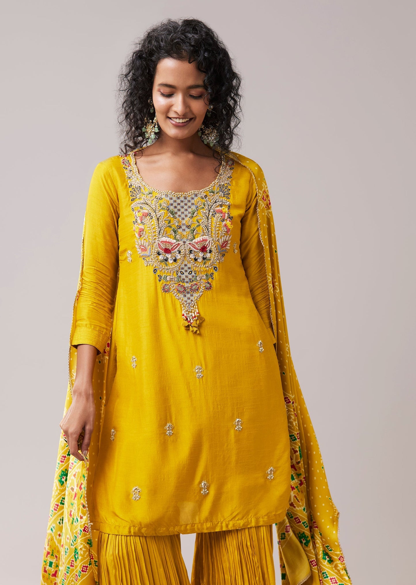 Yellow Chinon Silk Embellished Kurta Sharara Set