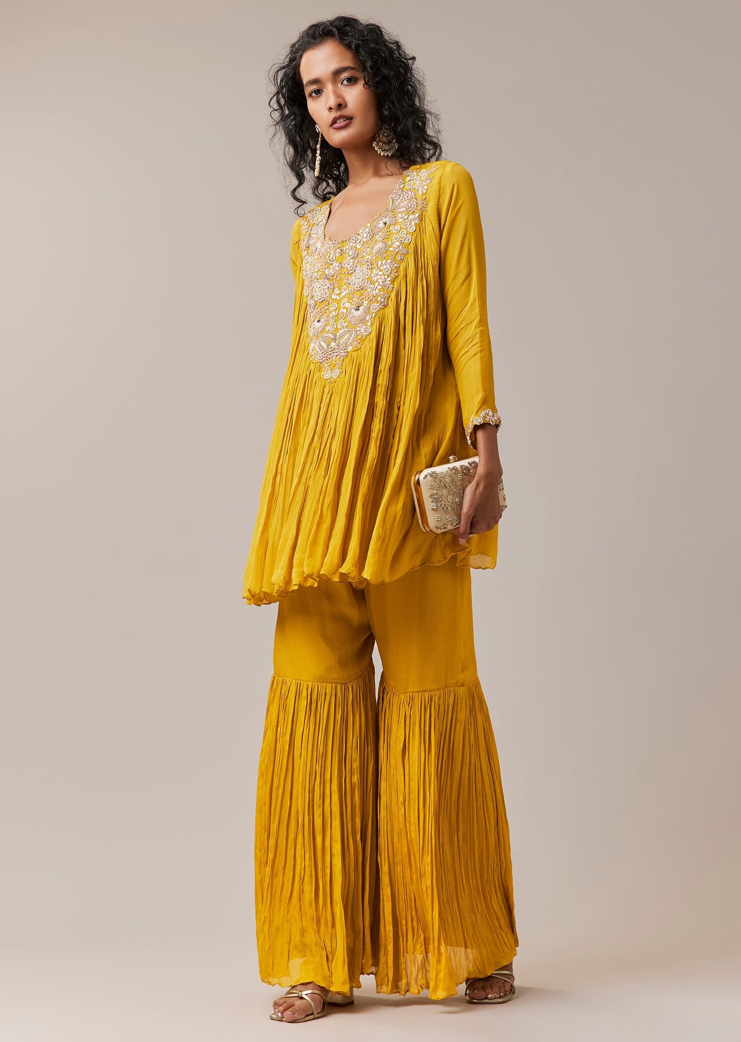 Yellow Chinon Zardozi Work Top and Sharara Set
