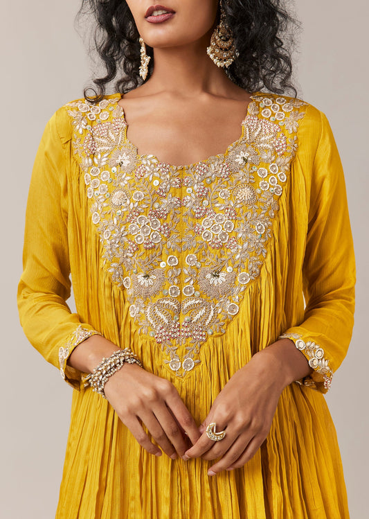 Yellow Chinon Zardozi Work Top and Sharara Set