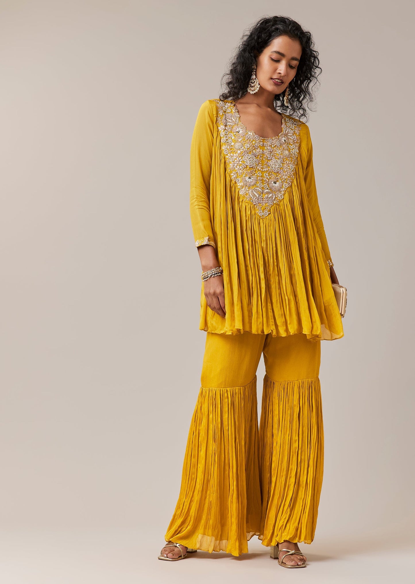 Yellow Chinon Zardozi Work Top and Sharara Set