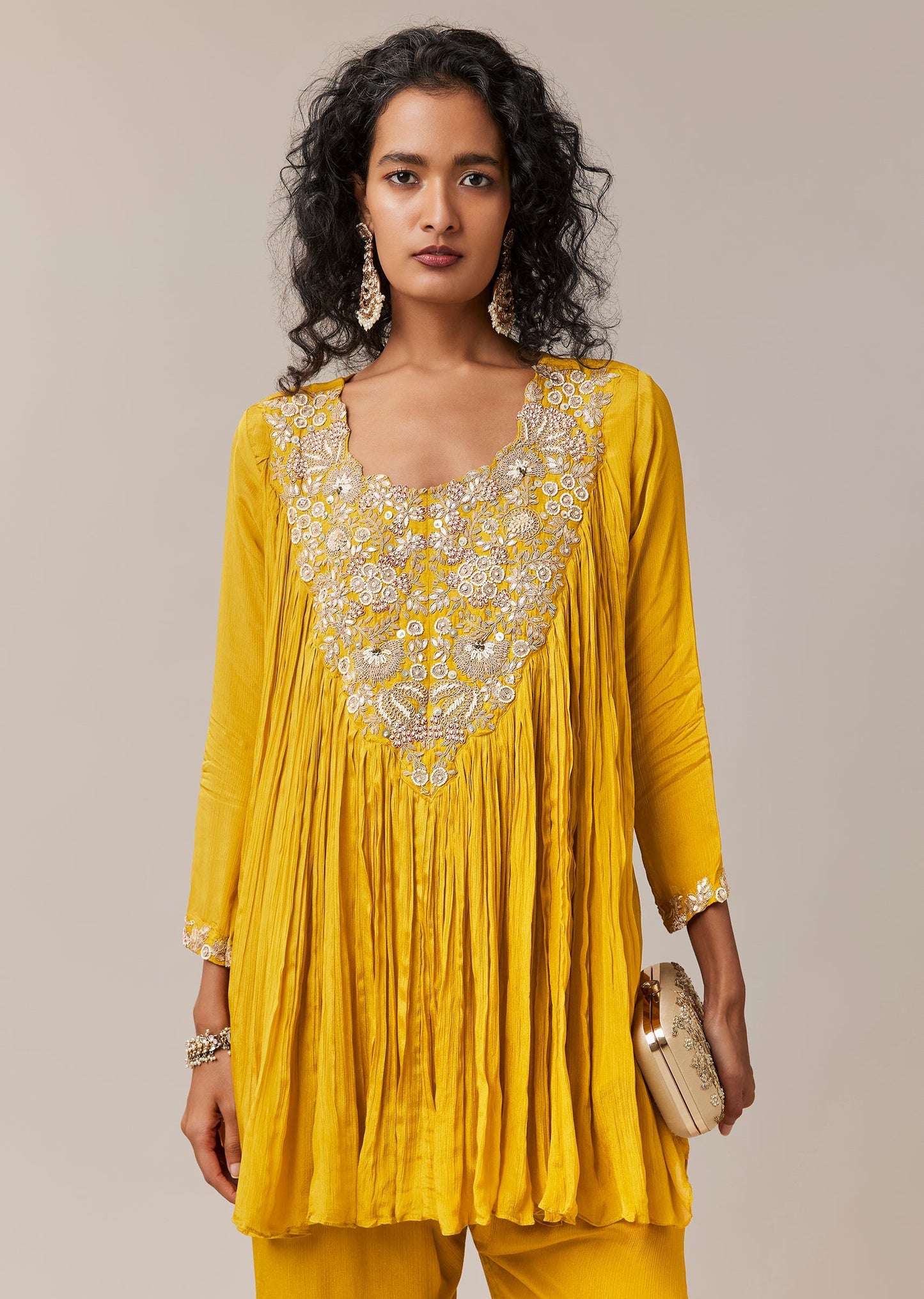 Yellow Chinon Zardozi Work Top and Sharara Set