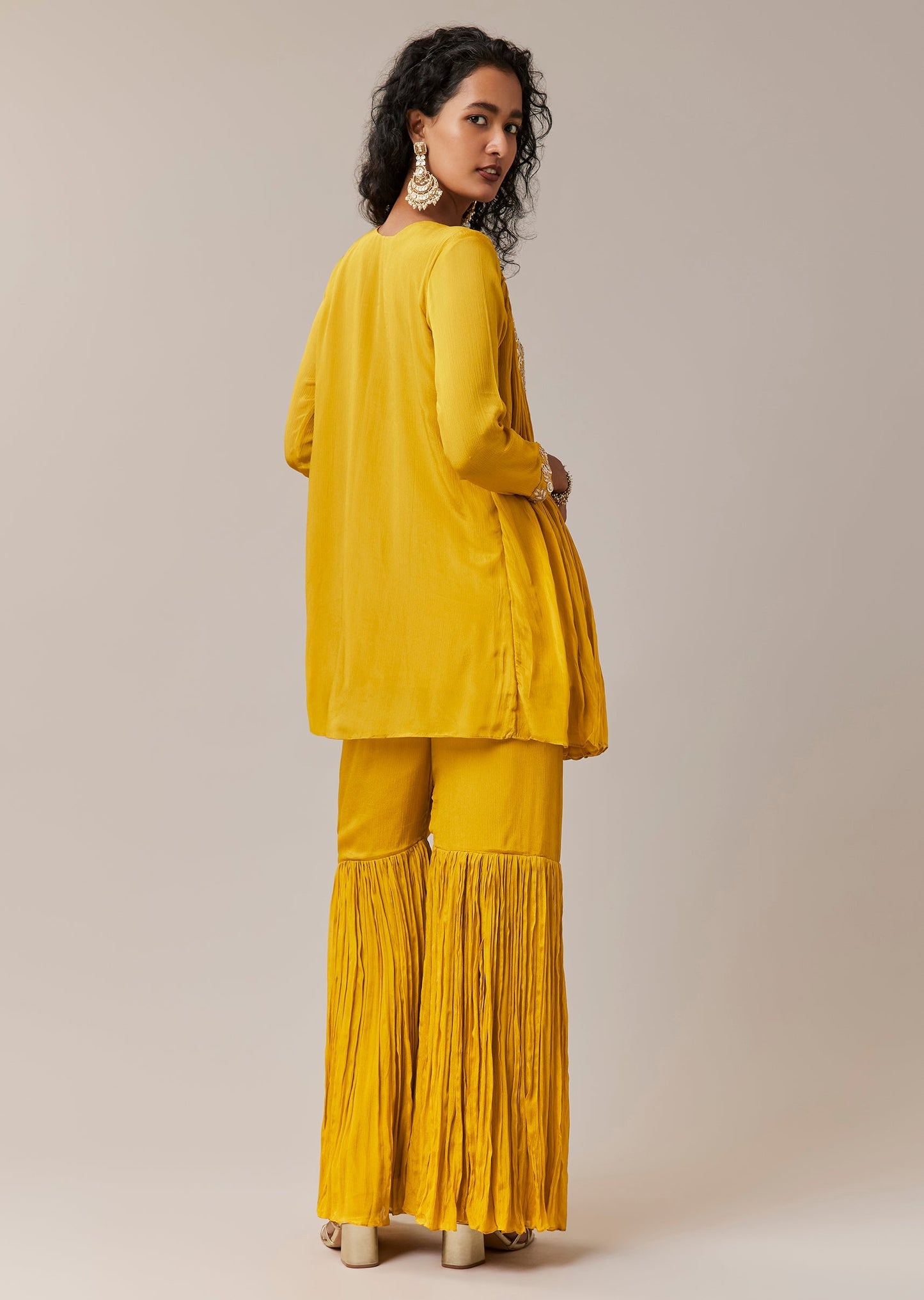 Yellow Chinon Zardozi Work Top and Sharara Set
