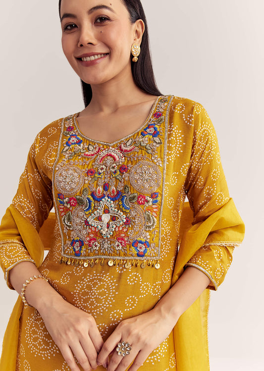 Yellow Dola Silk Printed Kurta Dupatta Set With Embroidered Neckline