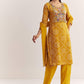 Yellow Dola Silk Printed Kurta Dupatta Set With Embroidered Neckline