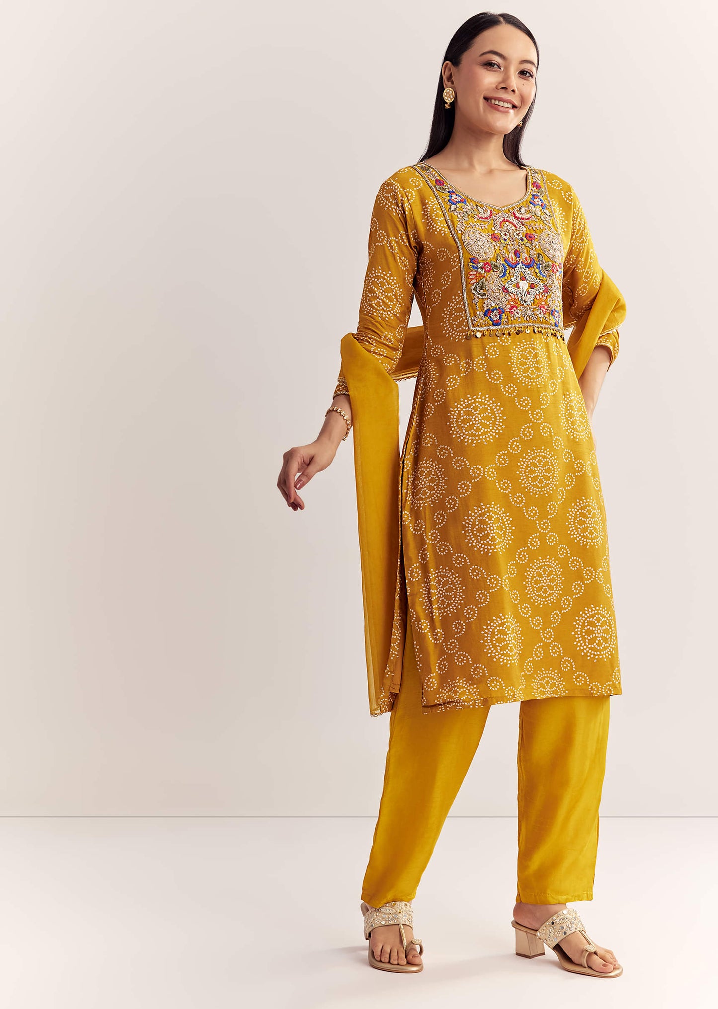 Yellow Dola Silk Printed Kurta Dupatta Set With Embroidered Neckline