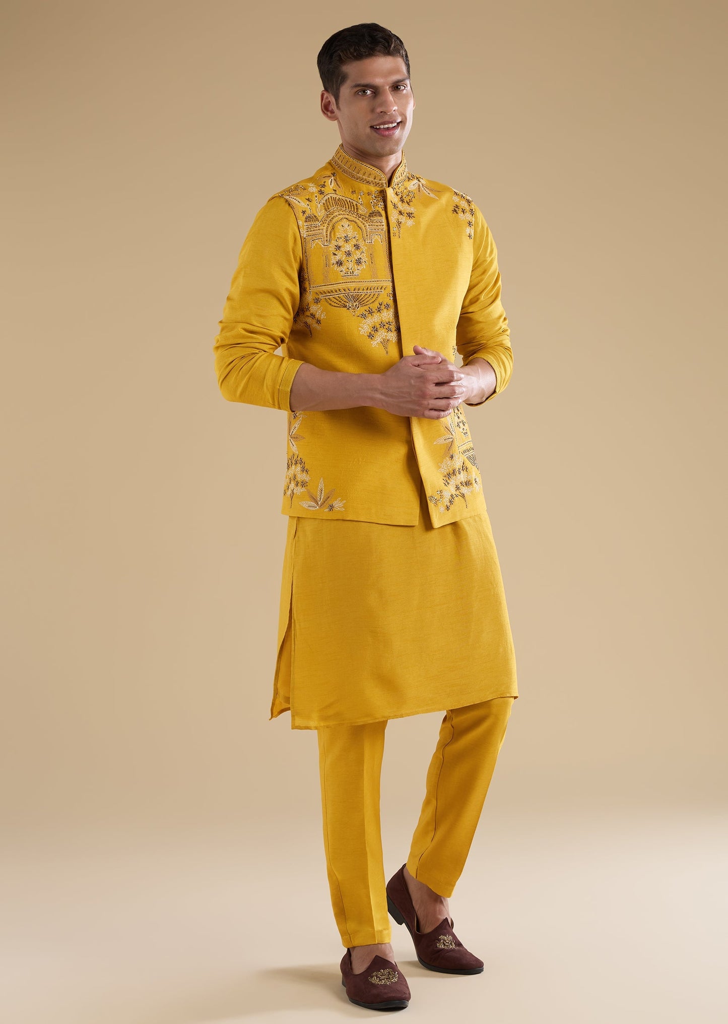 Yellow Embroidered Silk Kurta Jacket Set
