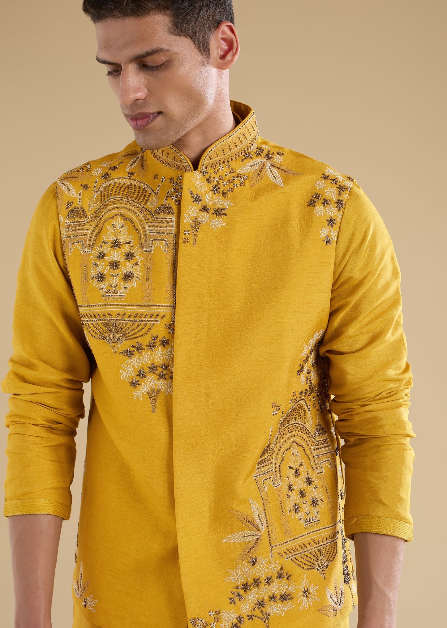 Yellow Embroidered Silk Kurta Jacket Set