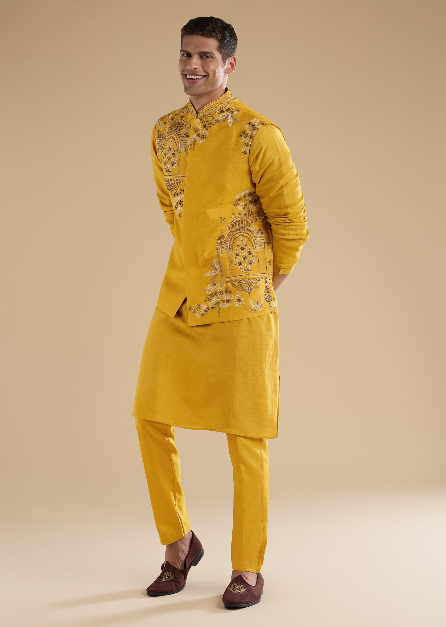 Yellow Embroidered Silk Kurta Jacket Set